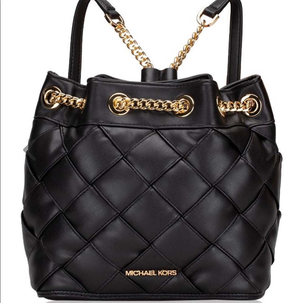 MK REGINA SMALL DRAWSTRING BUCKET BACKPACK BLACK LEATHER